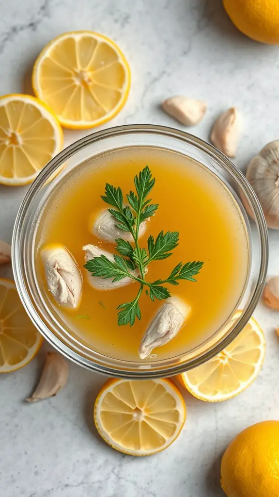 A bowl of lemon garlic chicken soup garnished with parsley, surrounded by lemon slices and garlic.