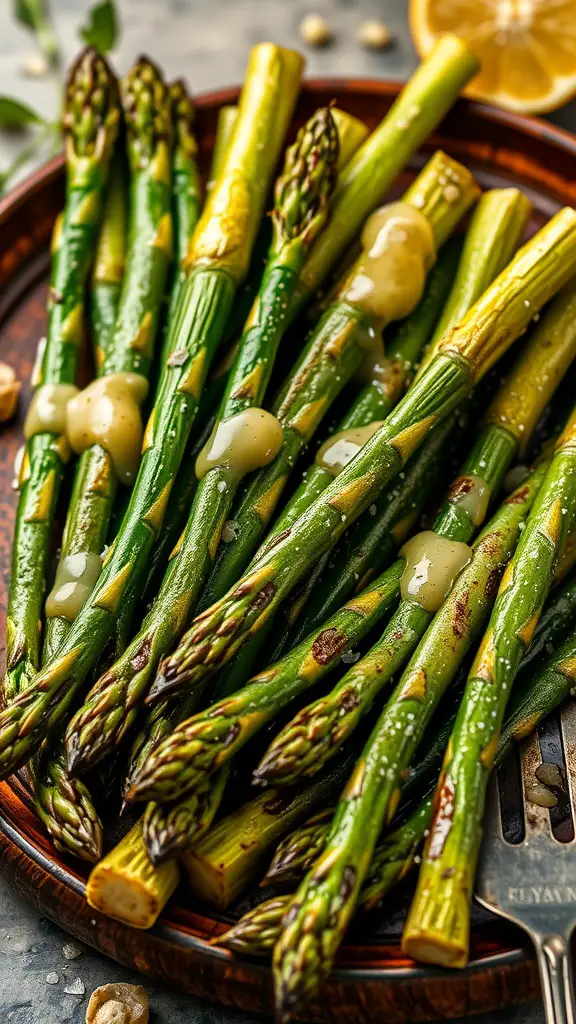 Plate of grilled asparagus drizzled with lemon garlic sauce