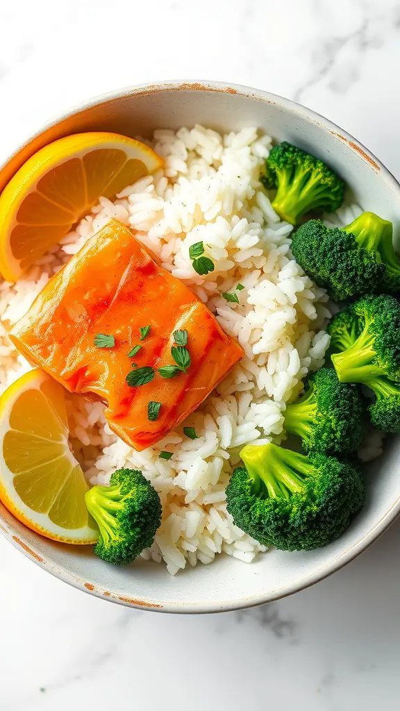 A delicious Lemon Garlic Salmon Rice Bowl with rice, salmon, broccoli, and lemon.