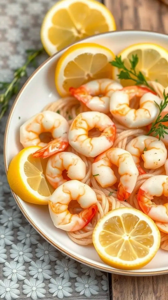 A bowl of Lemon Garlic Shrimp Farfalle with shrimp, lemon slices, and parsley