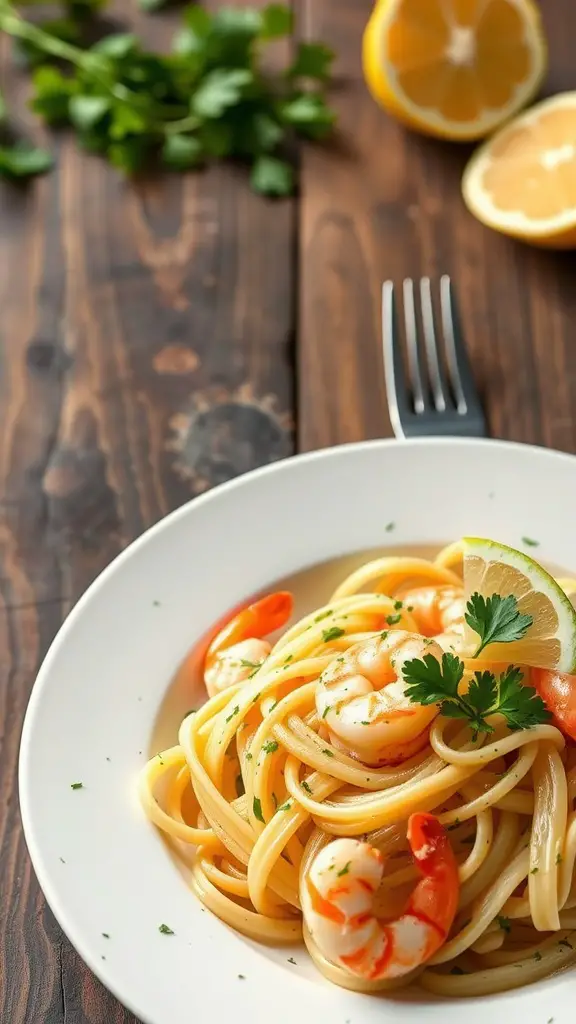 A delicious plate of Lemon Garlic Shrimp Pasta garnished with fresh parsley and lemon.