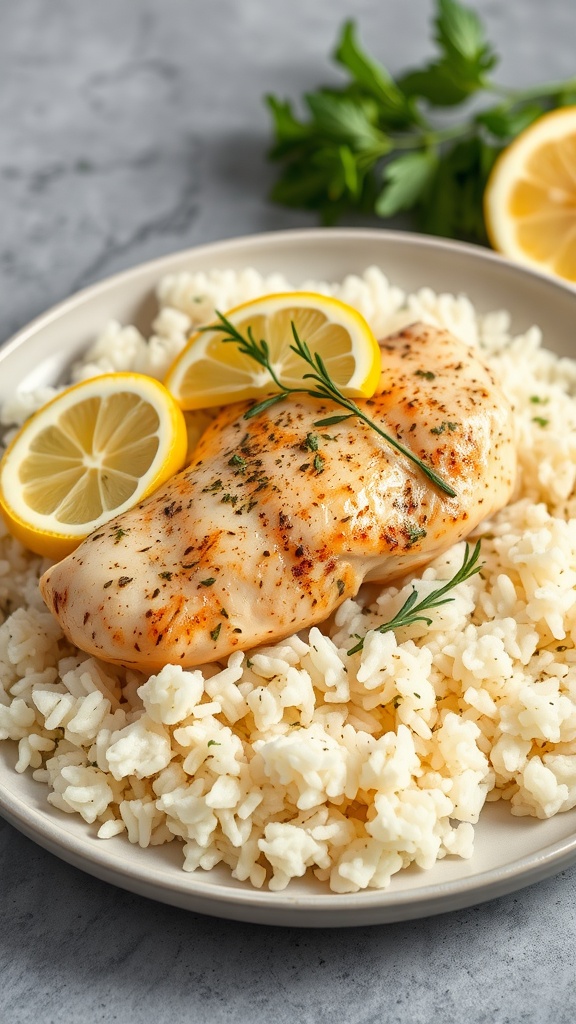 Lemon Herb Chicken served on a bed of rice with lemon slices and a sprig of rosemary.