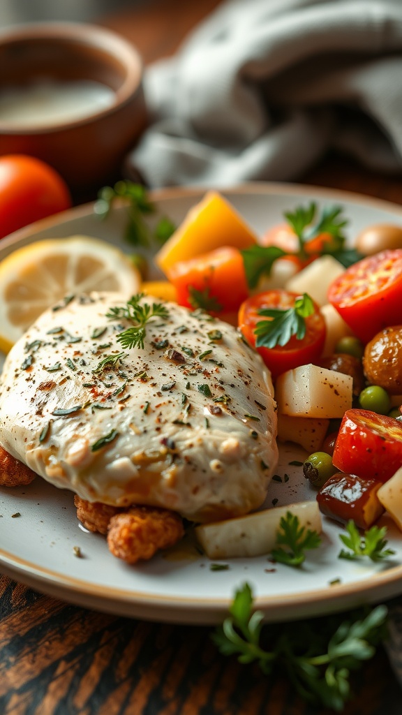 Crockpot Lemon Herb Chicken with colorful vegetables