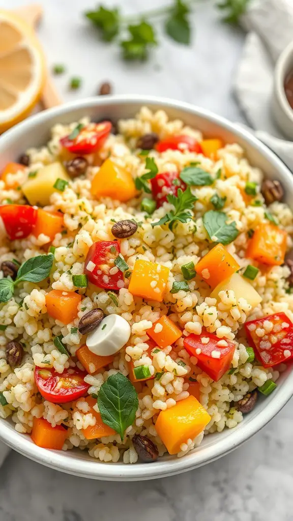 A bowl of lemon herb couscous with colorful diced vegetables.