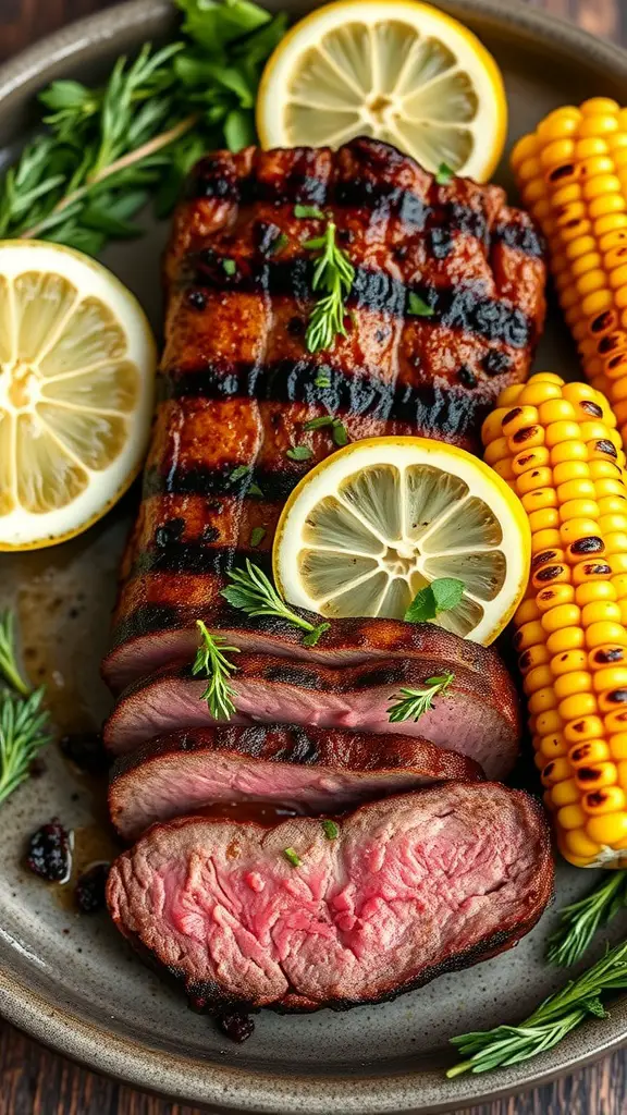 A beautifully grilled beef tenderloin served with lemon slices and fresh herbs.