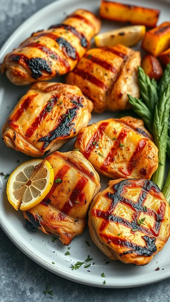 Grilled chicken thighs garnished with lemon and herbs on a plate.