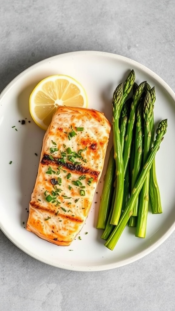Lemon Herb Grilled Salmon with Asparagus on a white plate