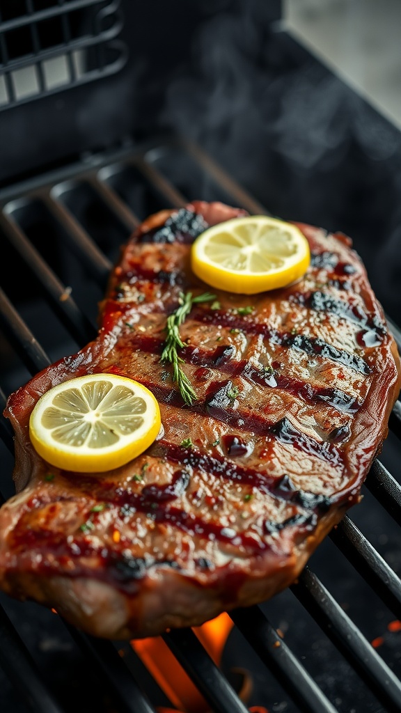 Grilled T-bone steak with lemon slices and herbs on a grill.