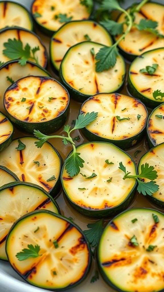 Grilled zucchini slices topped with herbs