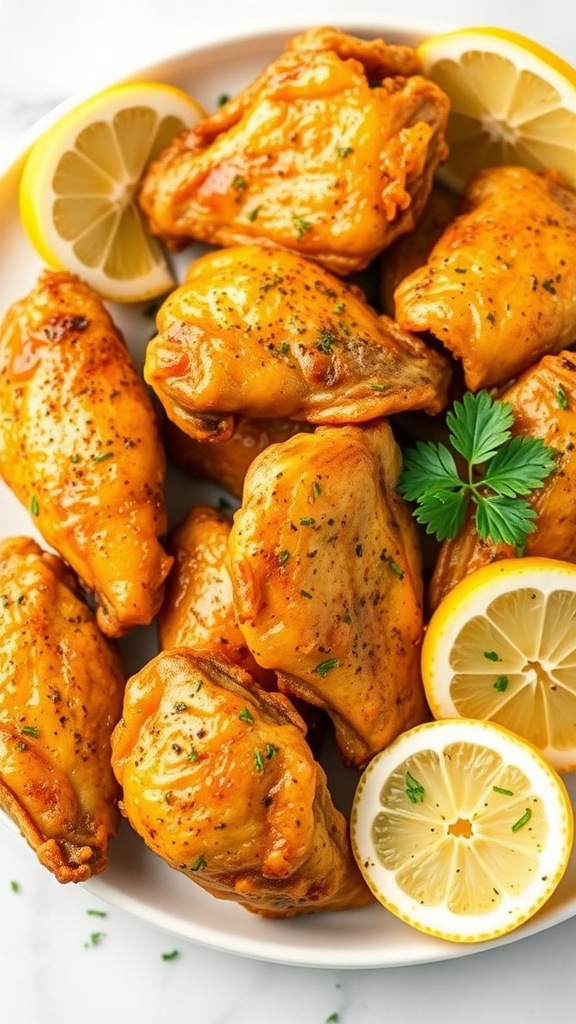 Delicious lemon pepper air fryer chicken wings garnished with parsley and lemon slices.