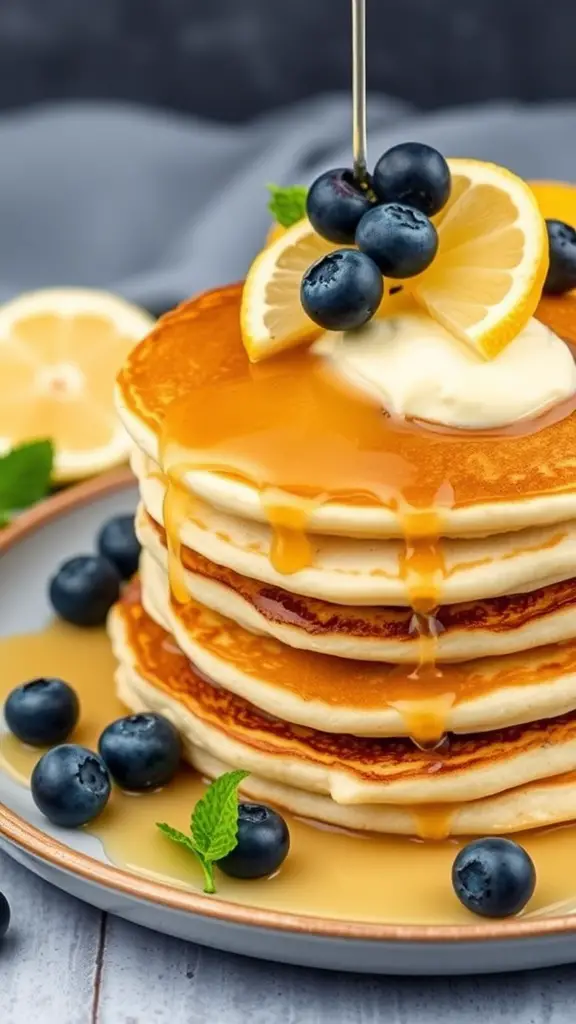 Fluffy lemon ricotta pancakes stacked high with blueberries and lemon slices