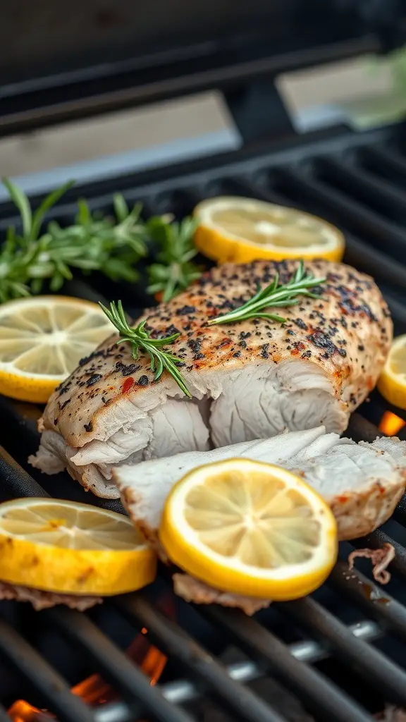 Grilled lemon rosemary pork loin with fresh herbs and lemon slices