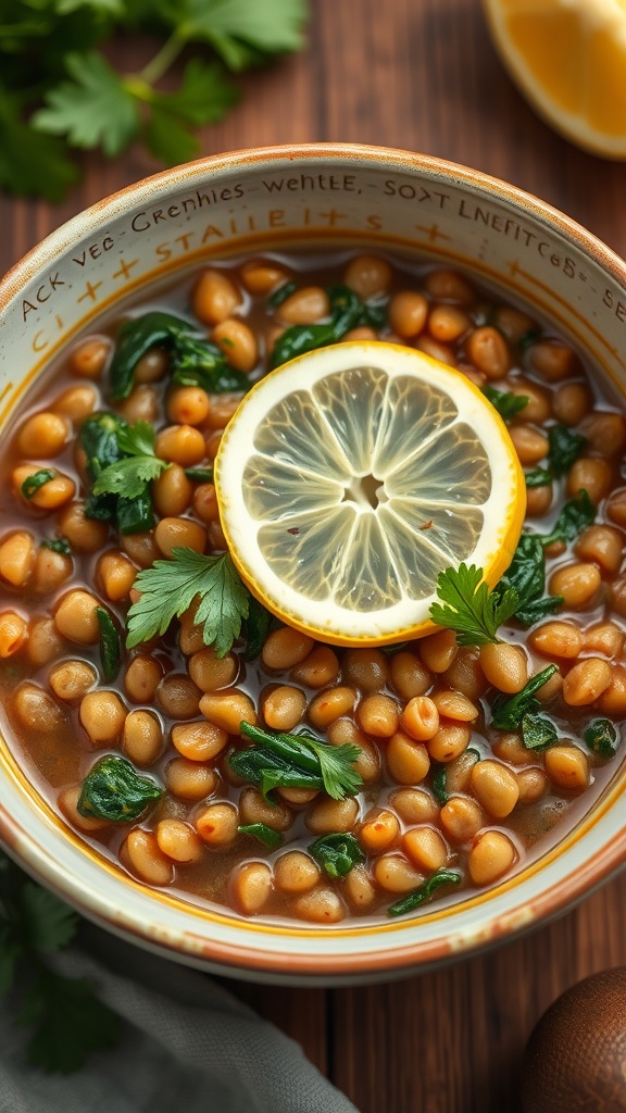 Bowl of lentil and spinach stew garnished with lemon slices.