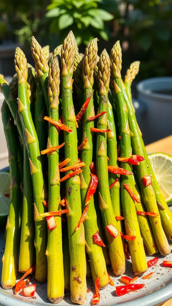Grilled asparagus with lime and chili seasoning.