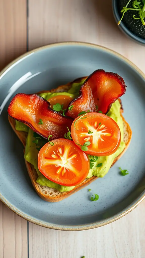 A plate of loaded avocado toast topped with bacon and tomatoes.