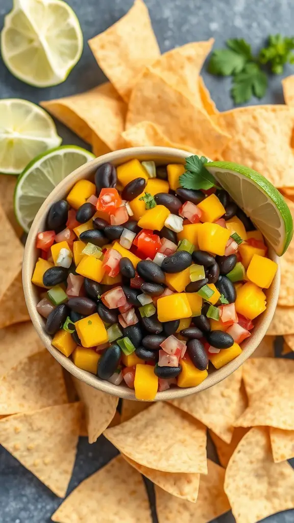 A bowl of mango and black bean salsa surrounded by tortilla chips