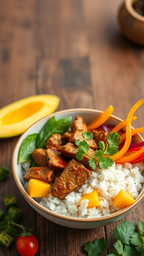 A vibrant Mango BBQ Pork Bowl with rice, pork, diced mango, and colorful vegetables.