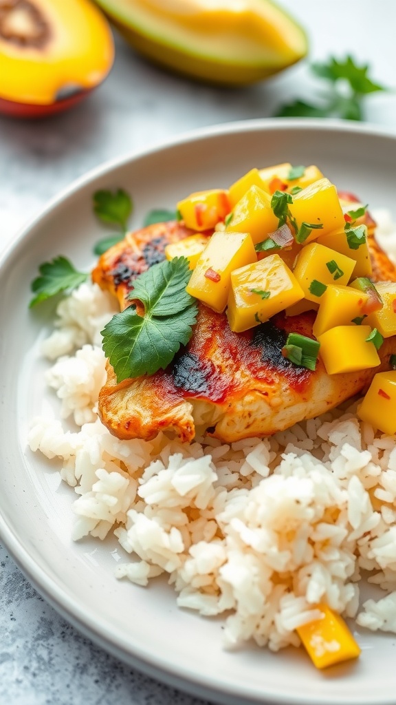 A plate of Mango Salsa Chicken served over rice with fresh toppings.