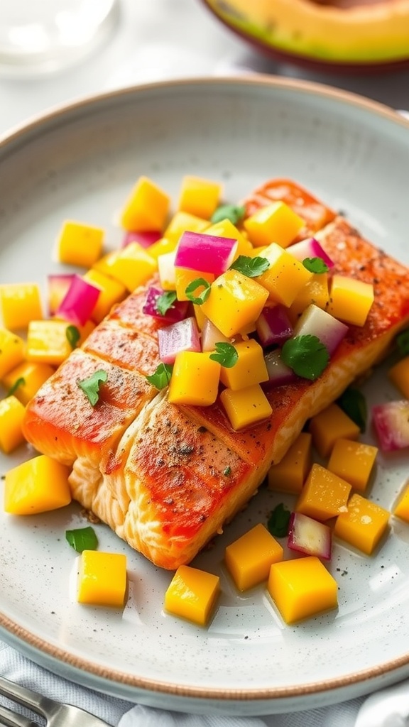 Salmon fillet topped with mango salsa, served on a plate with colorful garnishes.
