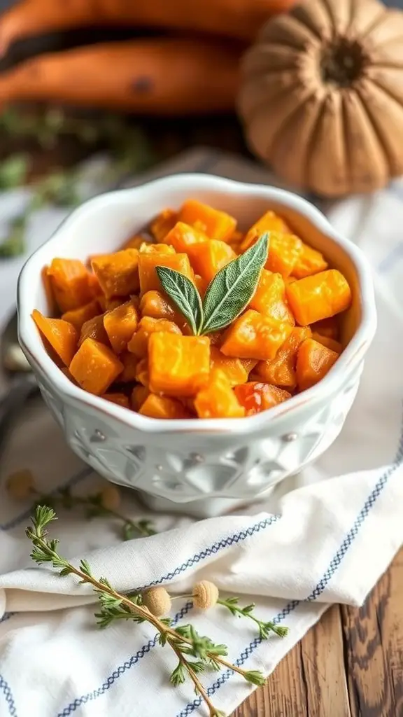 Maple and Sage Sweet Potato Bake in a decorative bowl
