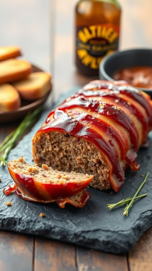 Deliciously glazed maple bacon BBQ meatloaf with a side of bread.