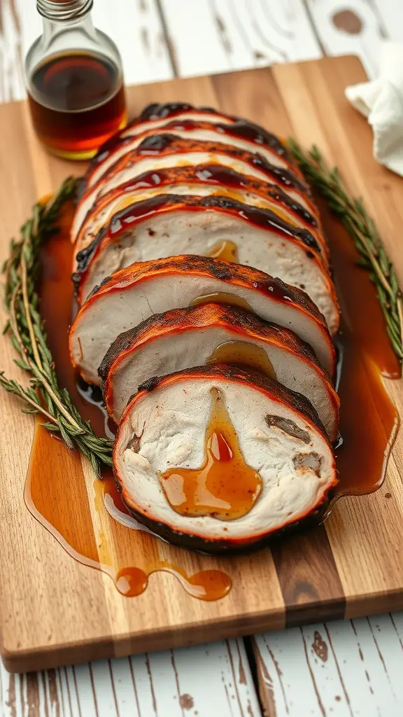Sliced maple balsamic pork loin on a wooden board with a rich glaze.