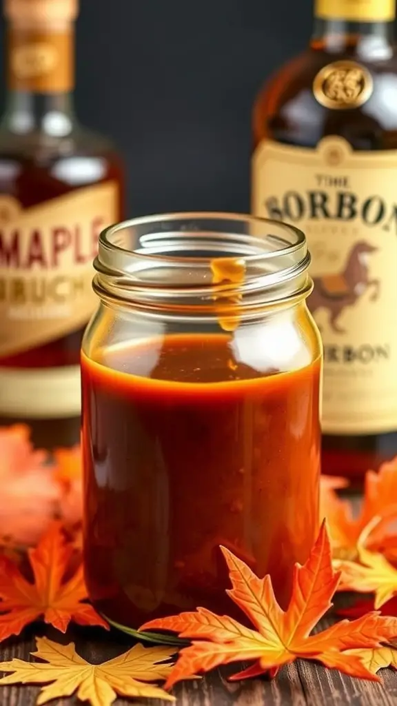 Maple bourbon barbecue sauce in a jar with maple leaves and bourbon bottle.