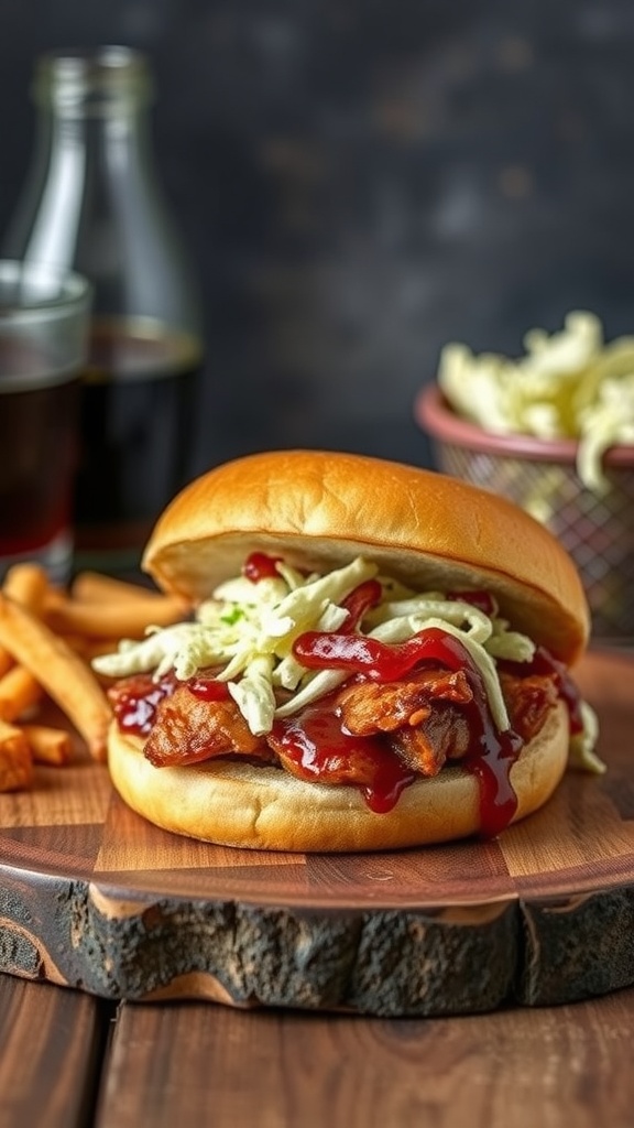 Maple glazed BBQ pork sandwich served with fries and coleslaw