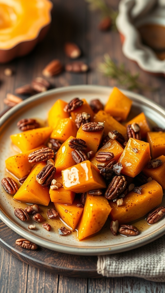 A plate of maple glazed butternut squash with pecans