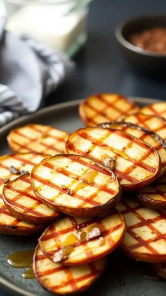Grilled potato planks drizzled with maple mustard sauce