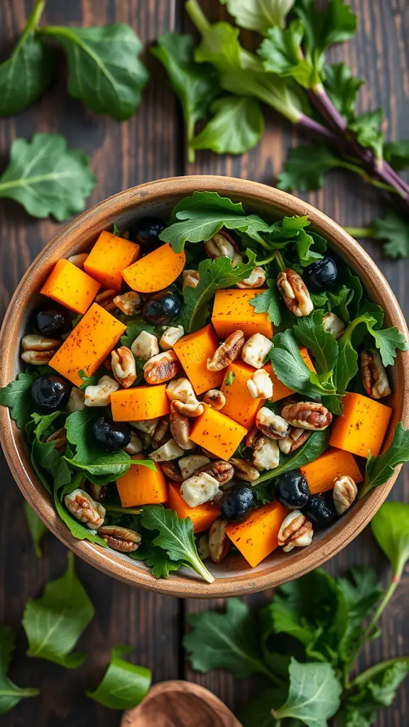 A colorful salad featuring roasted butternut squash, greens, nuts, and berries.