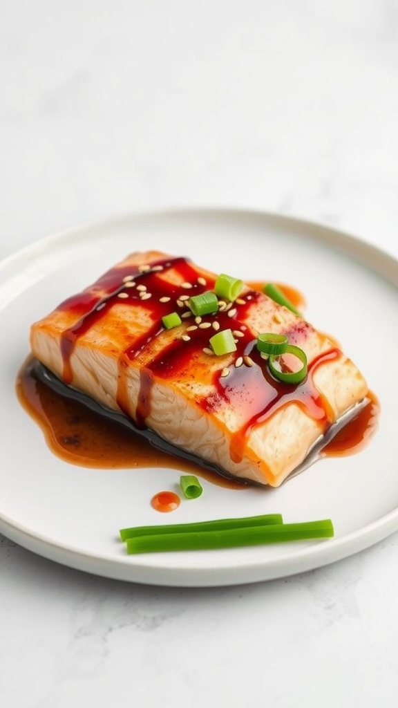 Maple Soy Glazed Salmon on a plate with green onions and sesame seeds