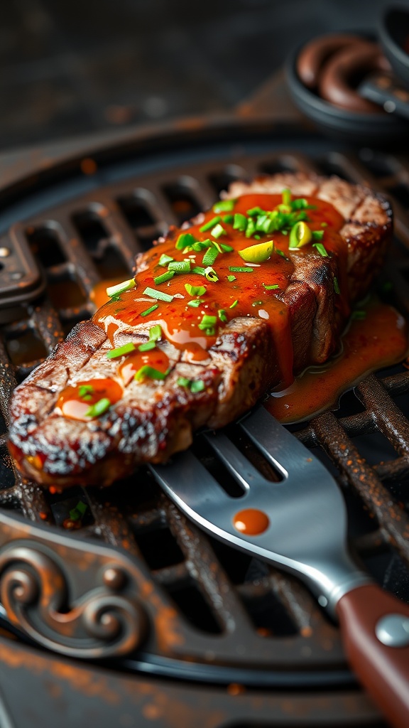 A juicy marinated sirloin steak topped with chimichurri sauce and garnished with green onions.