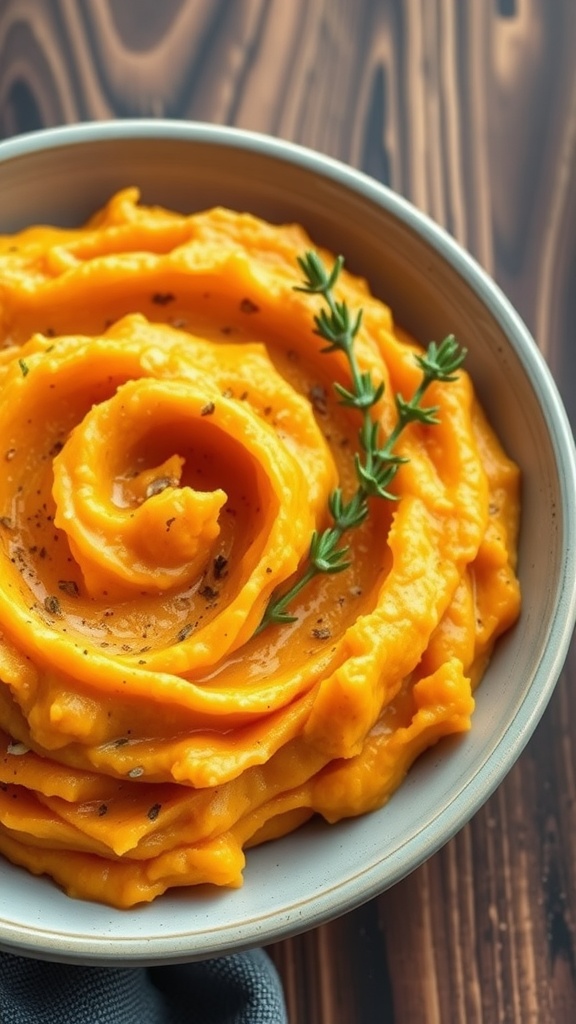 Mashed sweet potatoes with garlic and thyme in a bowl