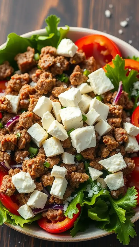 A colorful Mediterranean salad with ground beef and feta cheese