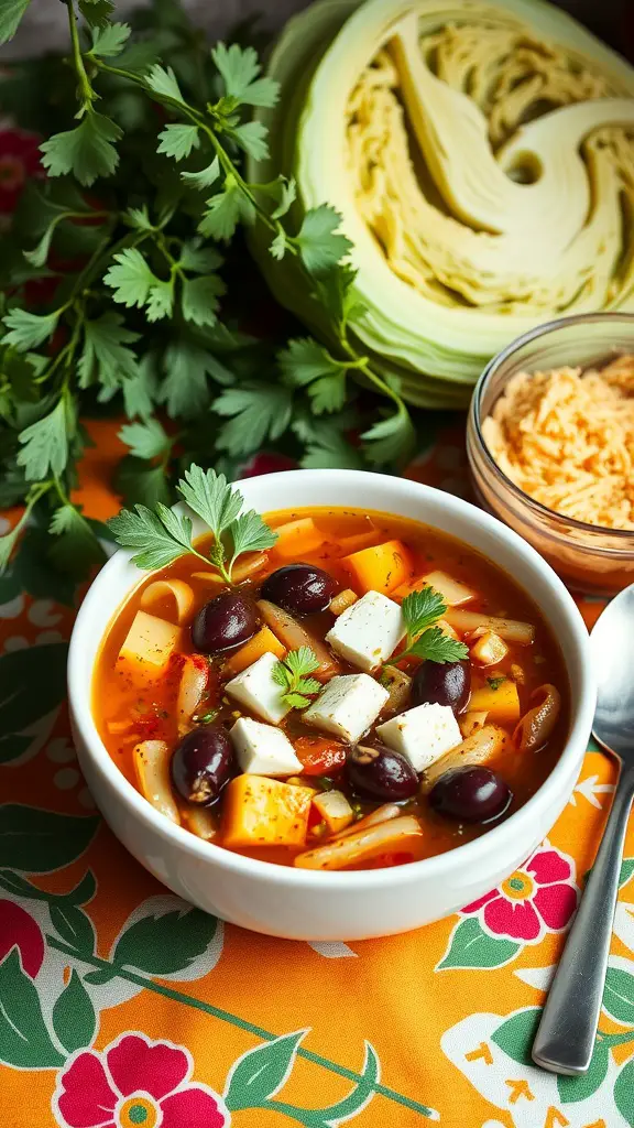 A bowl of Mediterranean Cabbage Soup garnished with parsley, olives, and feta cheese.