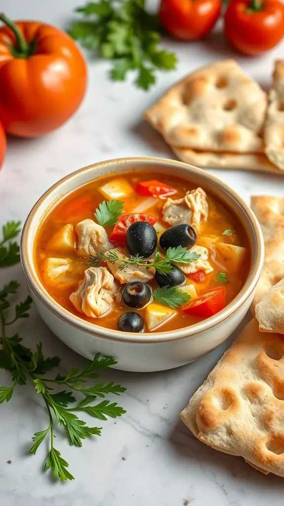 A bowl of Mediterranean chicken soup with vegetables and olives