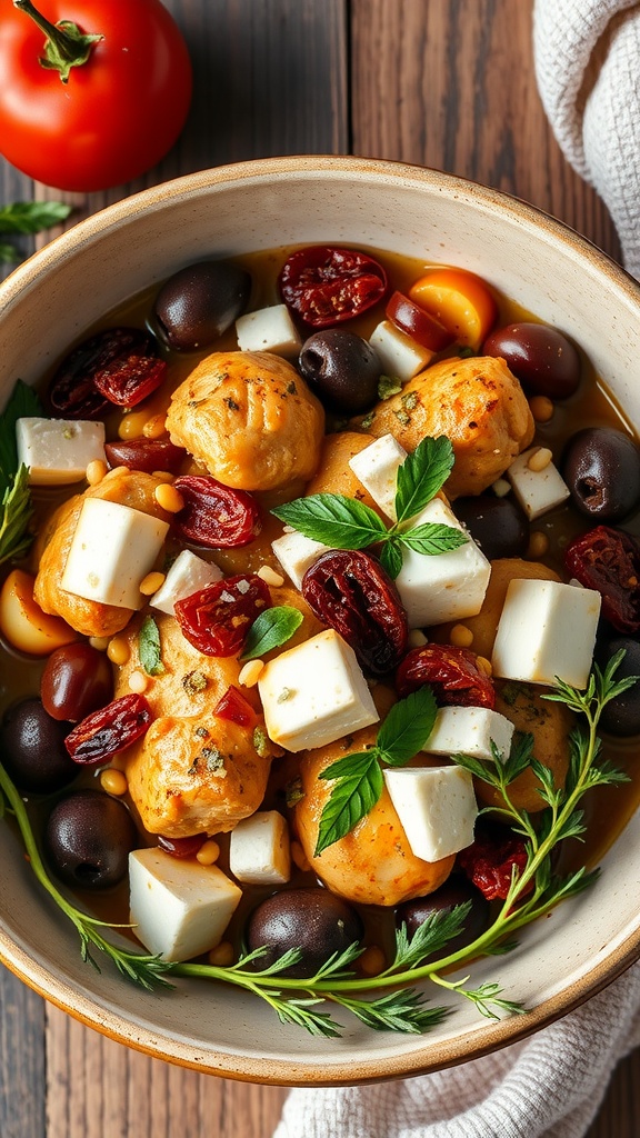 A bowl of Mediterranean chicken with olives, feta, and tomatoes.