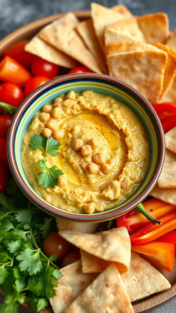 A colorful bowl of Mediterranean chickpea dip surrounded by pita chips and fresh vegetables.