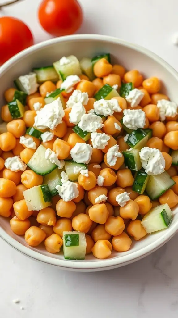A colorful Mediterranean Chickpea Salad with cucumbers and feta cheese.