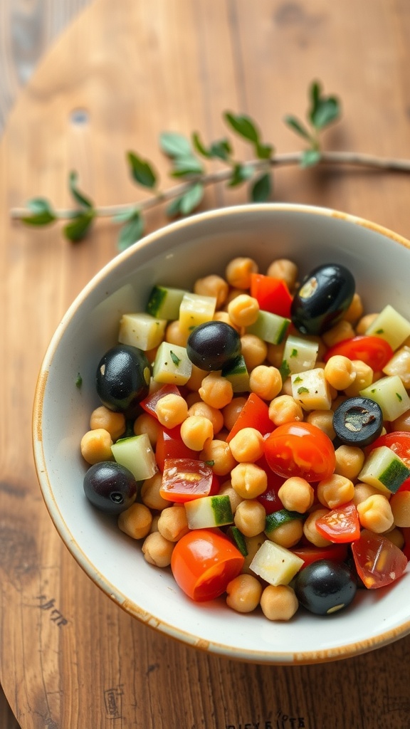A colorful Mediterranean chickpea salad featuring chickpeas, cucumbers, cherry tomatoes, olives, and red bell pepper.