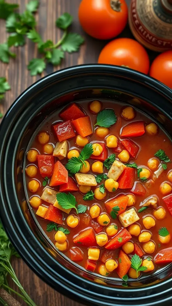 A bowl of Mediterranean chickpea stew with vibrant vegetables and herbs.