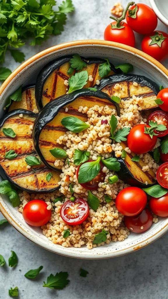Bowl of Mediterranean Eggplant and Quinoa Salad with cherry tomatoes and herbs