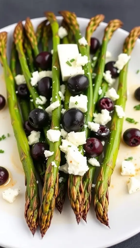 Plate of grilled asparagus topped with olives and feta cheese