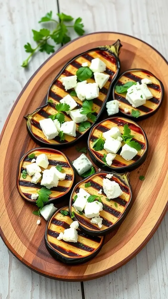 Grilled eggplant topped with feta cheese and herbs on a wooden platter.