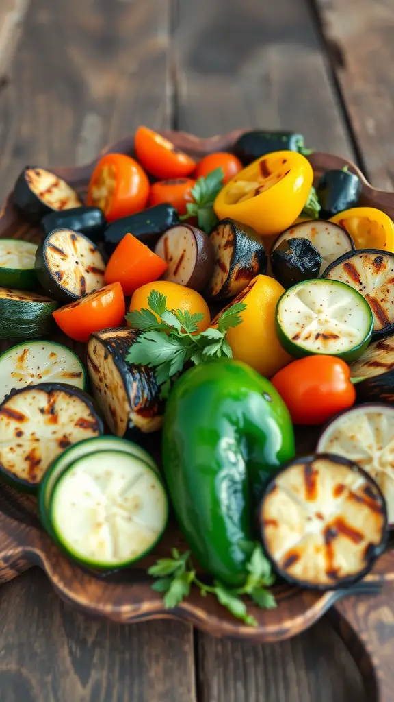 Mediterranean grilled vegetables platter with colorful zucchini, bell peppers, and eggplant.