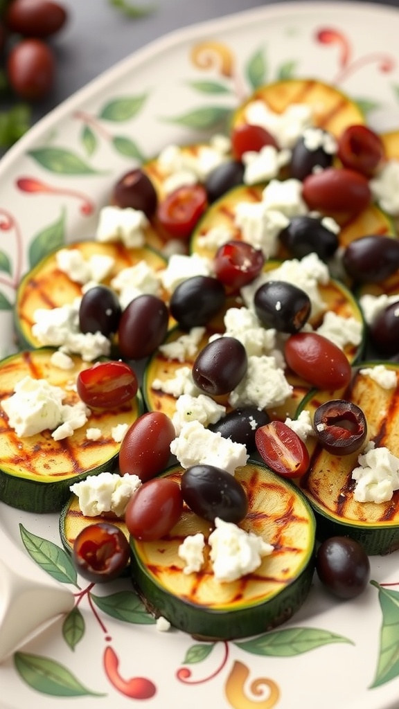 Grilled zucchini topped with feta cheese and olives on a decorative plate