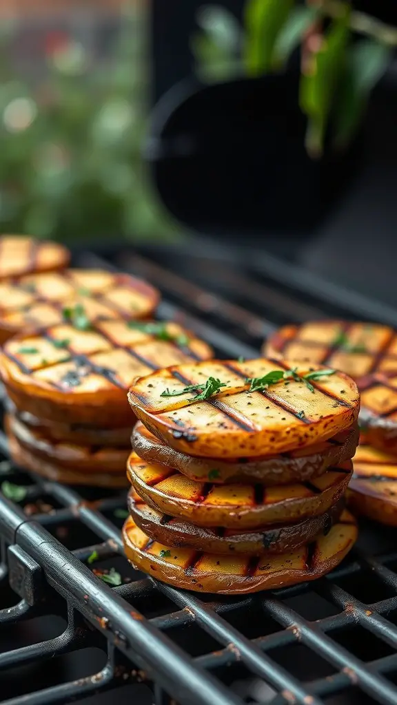 Stacked grilled potato slices with herbs