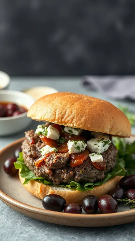 A delicious Mediterranean lamb burger with feta, served with greens and roasted red peppers.