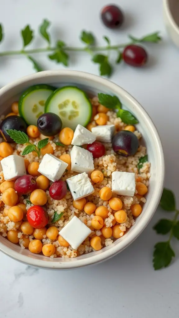 A colorful Mediterranean Quinoa Bowl with chickpeas, feta cheese, and fresh vegetables.